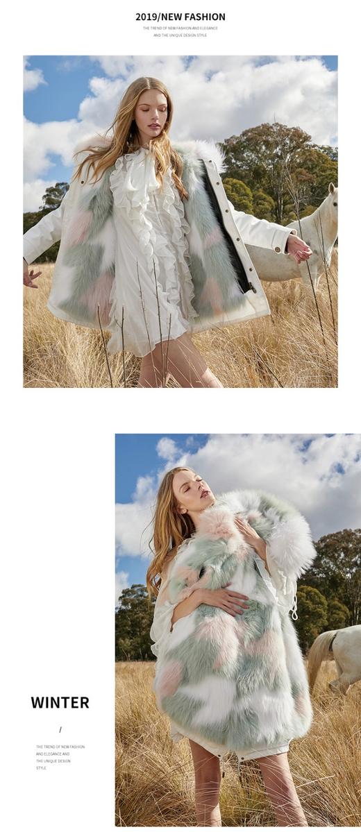 【授权商品】OZLANA绿色箭头狐狸毛派克大衣192093派克服2019冬款新款派皮草外套女士加厚保暖可拆卸大毛领鹅绒羽绒 中长款（下单请备注尺码XS~XL码 下单后20天内发货） 商品图9