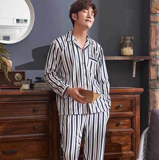 【睡衣男】.男士睡衣长袖纯棉青年中年夏季春秋季薄款夏天休闲全棉家居服套装 商品图2