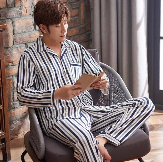 【睡衣男】.男士睡衣长袖纯棉青年中年夏季春秋季薄款夏天休闲全棉家居服套装 商品图0