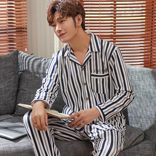 【睡衣男】.男士睡衣长袖纯棉青年中年夏季春秋季薄款夏天休闲全棉家居服套装 商品图1