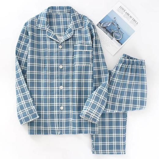 【服饰鞋包】春夏男士纯棉纱布格子睡衣长袖长裤休闲舒适套装家居服 商品图2