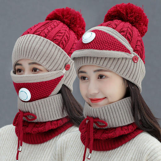 麻花针织套头帽围脖套装，骑车防风呼吸阀毛线帽子ZY1999 商品图1