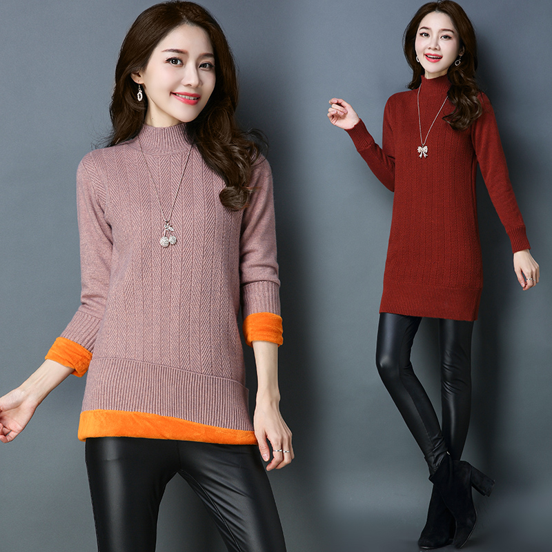 PY-39933          秋季新款加绒加厚长袖百搭毛衣女中长款修身半高领纯色打底裙