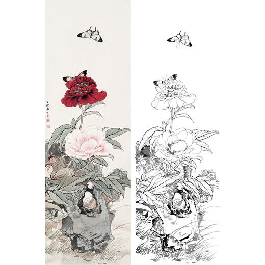 田世光工笔竖幅条屏花鸟白描底稿-SG45 商品图0