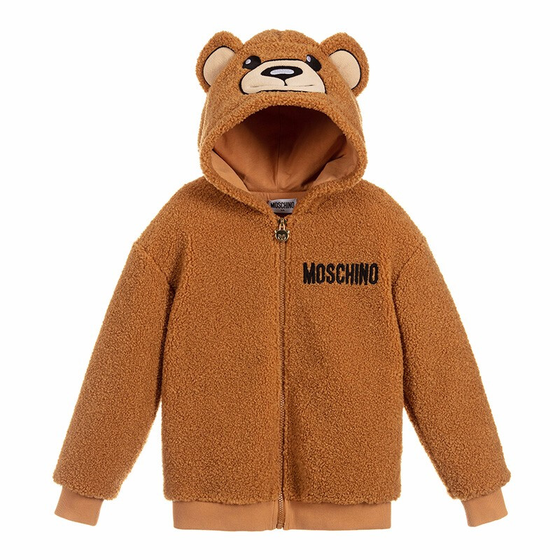 moschino莫斯奇诺 男女童棕色毛绒小熊连帽长袖保暖外套huf02u lia00