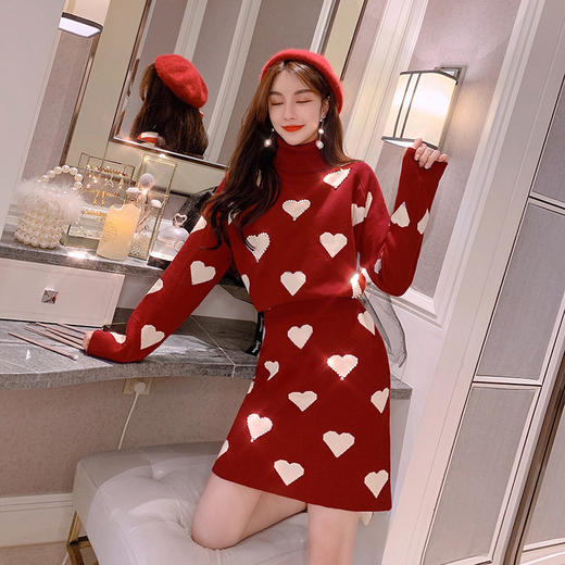 张心子时尚针织套装女2020新款秋冬气质爱心毛衣半身裙两件套洋气191159 商品图3
