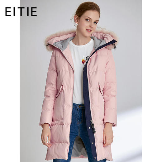 EITIE爱特爱女装冬新品加厚狐狸毛领中长款直筒连帽羽绒服D1911317 商品图0