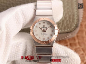 8848F欧米茄星座系列，表径24mm，搭载原版欧米茄1376专用机芯，字面采用一级珍珠贝母和南非真钻制成，表带18K金盾牌，女士腕表，精钢表带，自动机械机芯