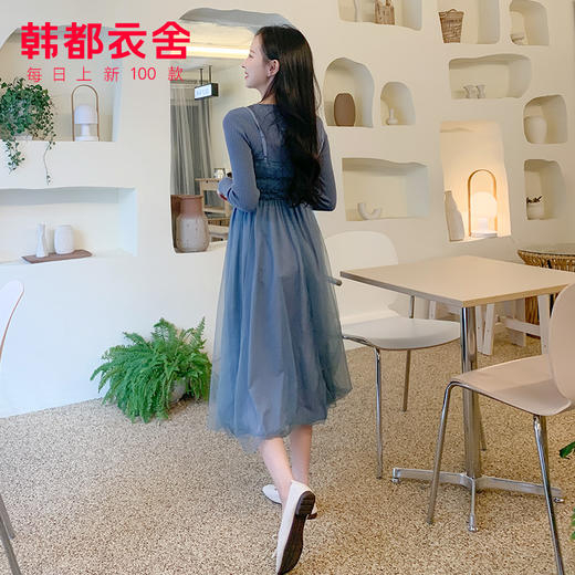 韩都衣舍2020秋冬新款网纱针织打底显瘦假两件连衣裙DU9593樱 商品图1