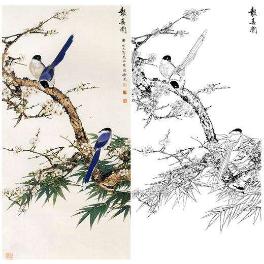 田世光工笔竖幅花鸟白描底稿-《报春图》-多种白描尺寸可选-SG64 商品图0