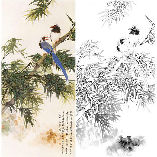 田世光工笔竖幅花鸟白描底稿-《竹林双寿》-多种白描尺寸可选-SG60 商品图0