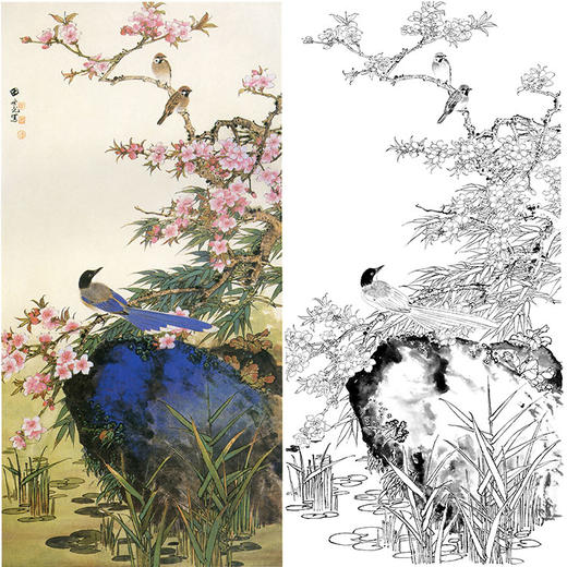 田世光工笔竖幅花鸟白描底稿-桃花山鹊-SG70 商品图0