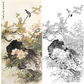 田世光工笔竖幅花鸟白描底稿-《春朝图》-多种白描尺寸可选-SG66