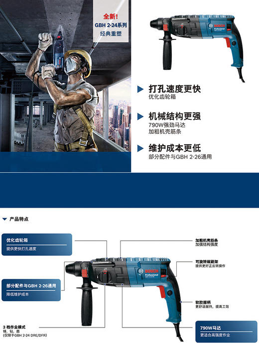 员工内购平台博世电锤开关安装钻孔多功能手电钻电镐冲击钻2-24DRE/RE【工具】 商品图5