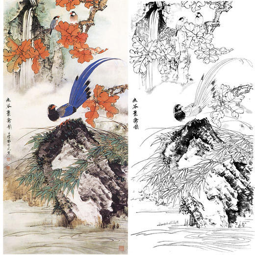 田世光工笔竖幅花鸟白描底稿-《幽谷聚禽图》-多种白描尺寸可选-SG73 商品图0
