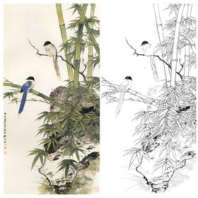 田世光工笔竖幅花鸟白描底稿-《竹枝双鹊》-多种白描尺寸可选-SG75