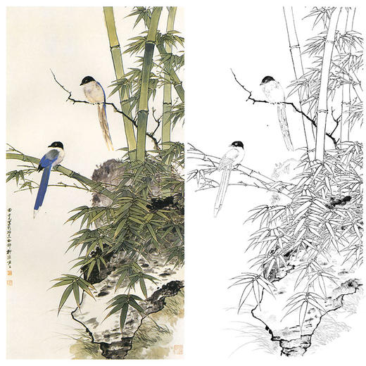 田世光工笔竖幅花鸟白描底稿-《竹枝双鹊》-多种白描尺寸可选-SG75 商品图0