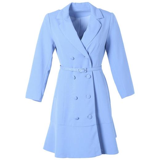 洛诗琳2020年春季新品翻领鱼尾双排扣西装连衣裙风衣外套 商品图4