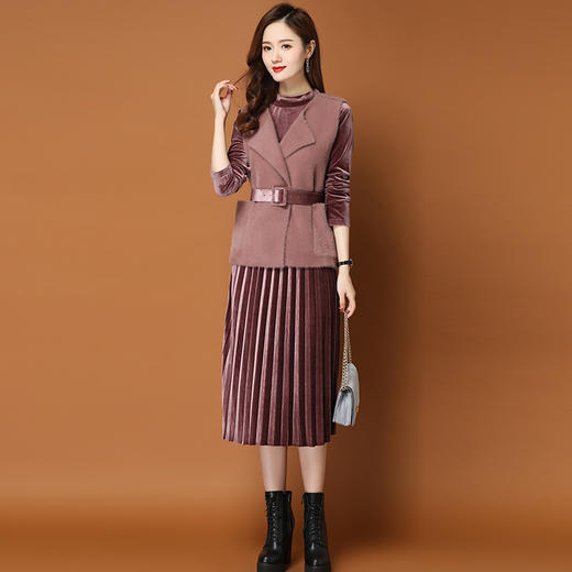 PY-62021            秋冬新款时尚纯色长款女式百褶裙搭配貂毛马甲气质百搭两件套 商品图4