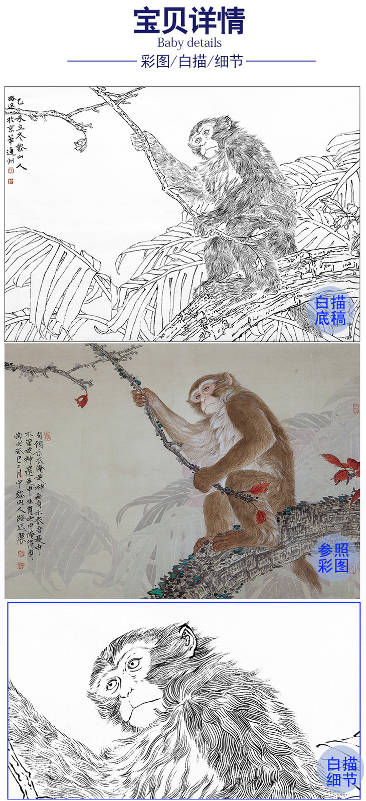 郑路迅工笔作品十二生肖白描底稿-猴-lx09