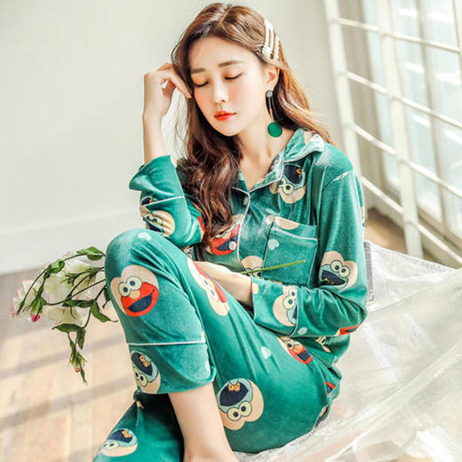 QYSY-268冬季新品开衫翻领韩版加厚金丝绒清新家居服睡衣套装 商品图2