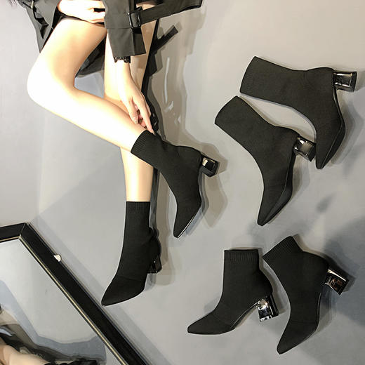 MS-秋冬针织电镀粗跟中筒女士马丁靴 商品图1
