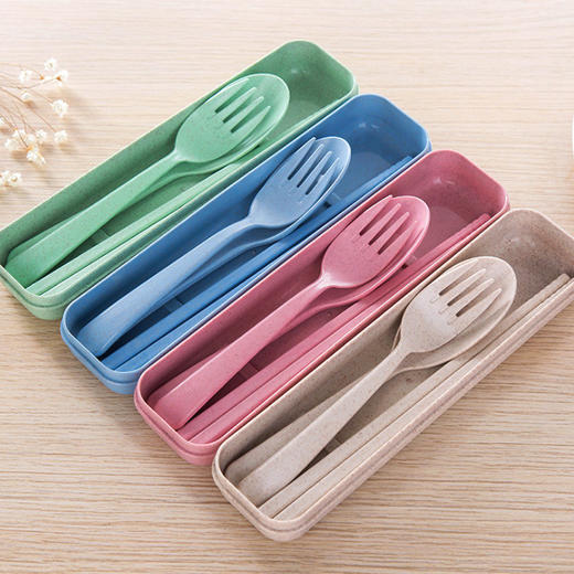 餐具套装小麦秸秆儿童便携三件套勺叉筷子 商品图1
