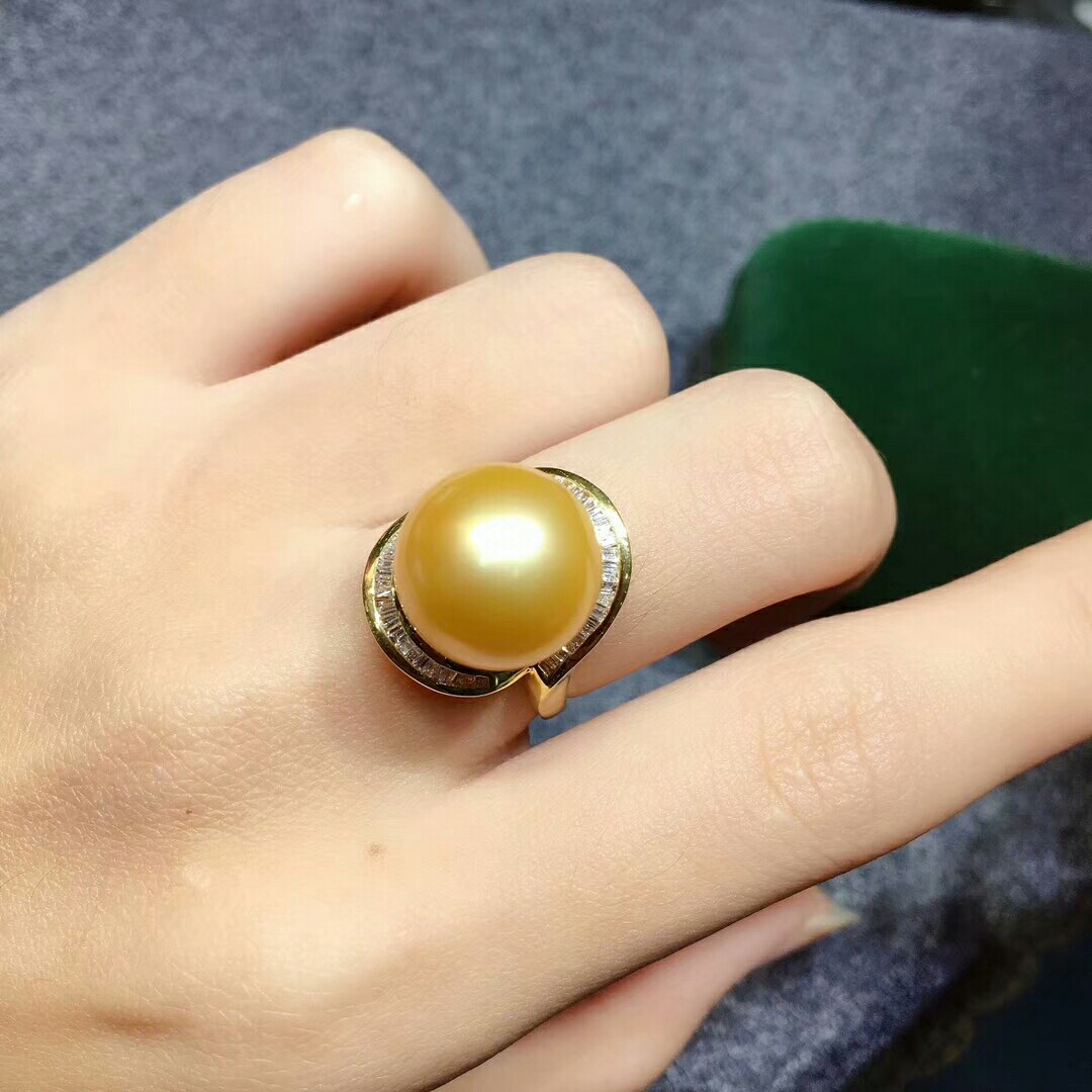 【天然南洋金珠戒指】高品质南洋金珠,18k金t方钻,款式大气时尚,规格