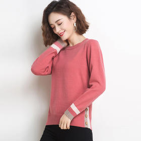 PY-88988        春季新款套头圆领女式针织衫修身百搭纯色条纹袖打底衫