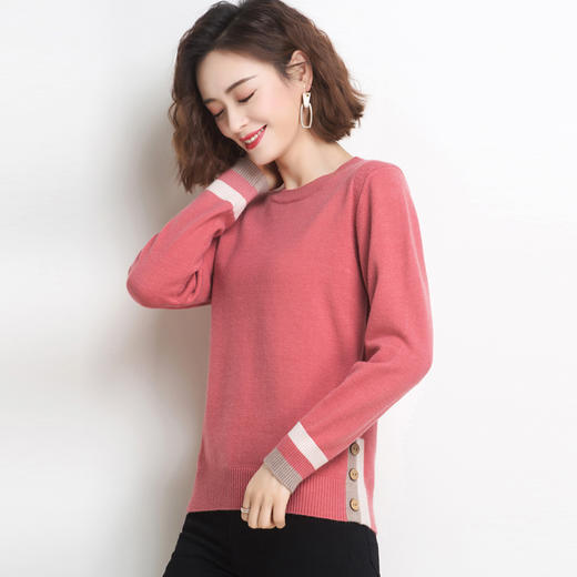 PY-88988        春季新款套头圆领女式针织衫修身百搭纯色条纹袖打底衫 商品图0