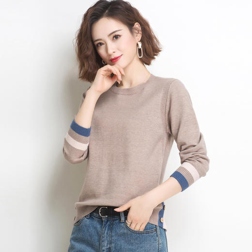 PY-88988        春季新款套头圆领女式针织衫修身百搭纯色条纹袖打底衫 商品图6