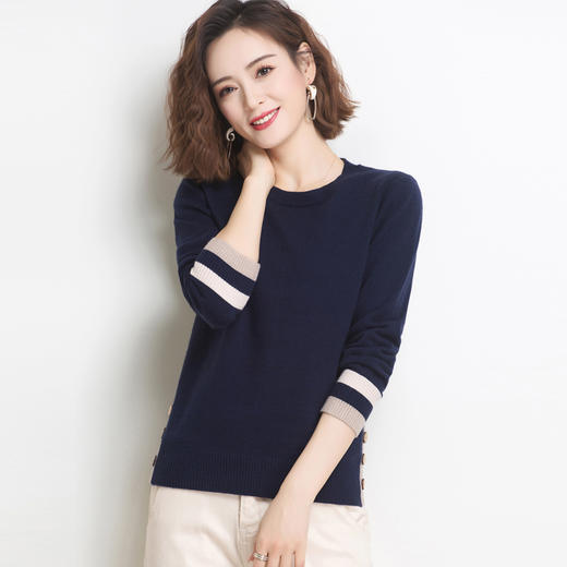 PY-88988        春季新款套头圆领女式针织衫修身百搭纯色条纹袖打底衫 商品图8