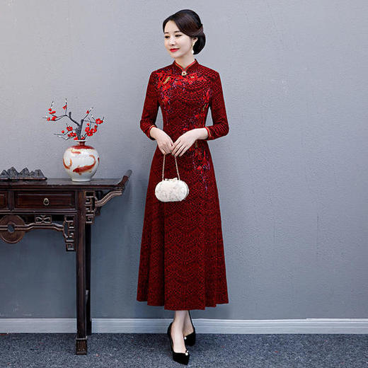WXG-19588新款长袖修身拼接复古礼服连衣裙 商品图0