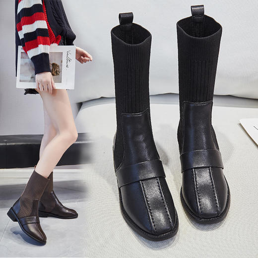 瘦靴早秋马丁短靴子女鞋英伦风粗跟弹力袜靴 商品图2