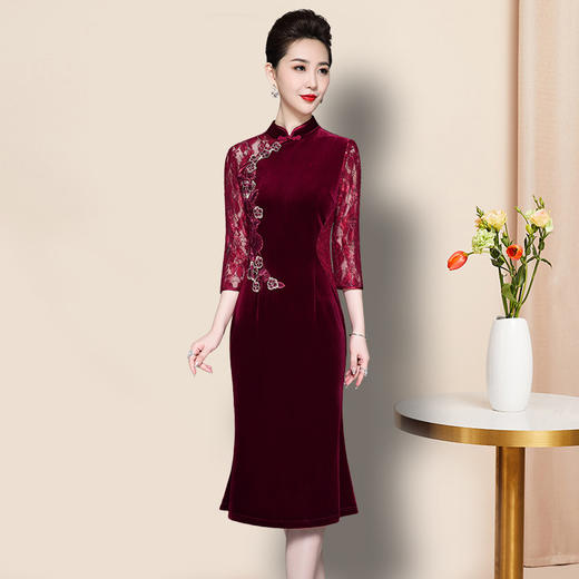 JS-QL8282秋季新款高档婚宴喜庆珠片蕾丝拼接连衣裙 商品图1