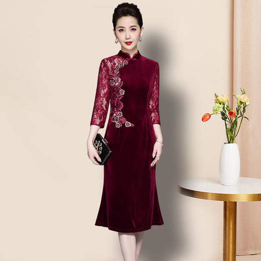JS-QL8282秋季新款高档婚宴喜庆珠片蕾丝拼接连衣裙 商品图0