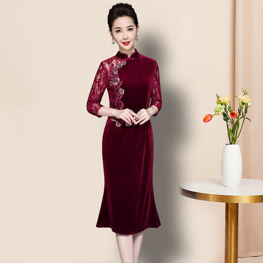 JS-QL8282秋季新款高档婚宴喜庆珠片蕾丝拼接连衣裙 商品图2
