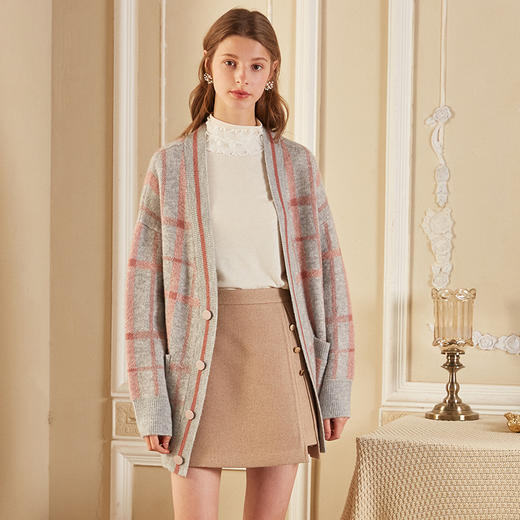 欧芮儿新品V领开衫毛针织衫女中长款慵懒风宽松显瘦毛衣 商品图1