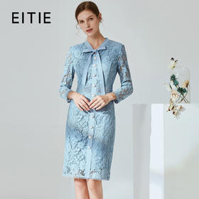 EITIE爱特爱春季新款通勤时尚蕾丝钩花系带修身连衣裙女中裙A2007413