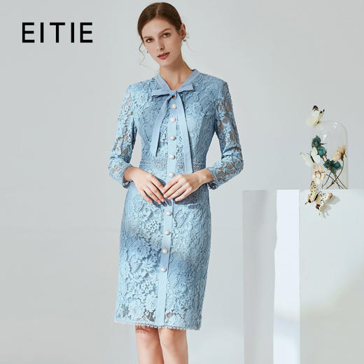EITIE爱特爱春季新款通勤时尚蕾丝钩花系带修身连衣裙女中裙A2007413 商品图0