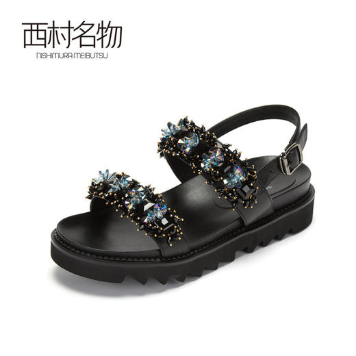 西村名物商场同款2019女夏季新款时尚凉鞋纯色水钻平底单鞋X29BG21961 商品图0