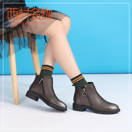 西村名物商场同款皮面短靴侧拉链平底圆头女靴小皮鞋X274S42181 商品图3