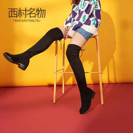 西村名物过膝长筒靴绒面平底舒适弹力靴女瘦瘦靴长靴子X284I43608 商品图2