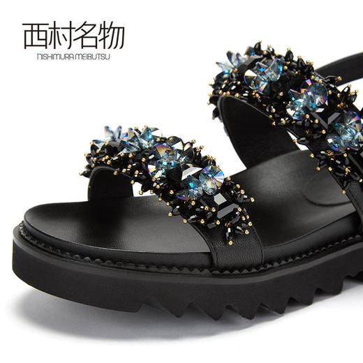 西村名物商场同款2019女夏季新款时尚凉鞋纯色水钻平底单鞋X29BG21961 商品图3