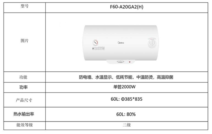 美的电热水器 f60-a20ga2(h)