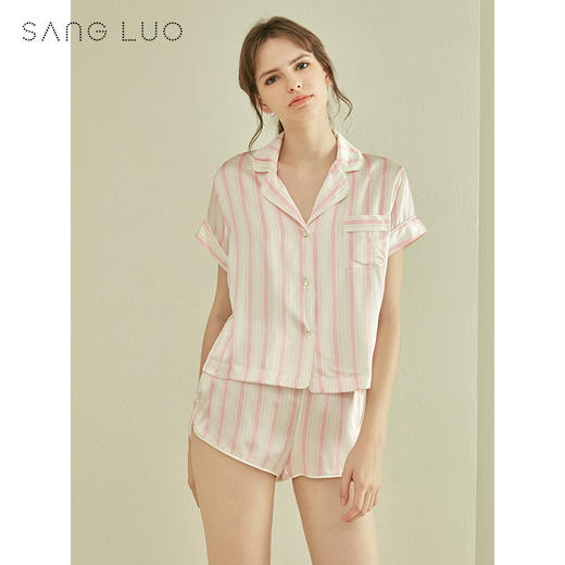 波点爱心睡衣套装SANGLUO桑罗桑蚕丝绸短袖衬衫式睡衣女 商品图1