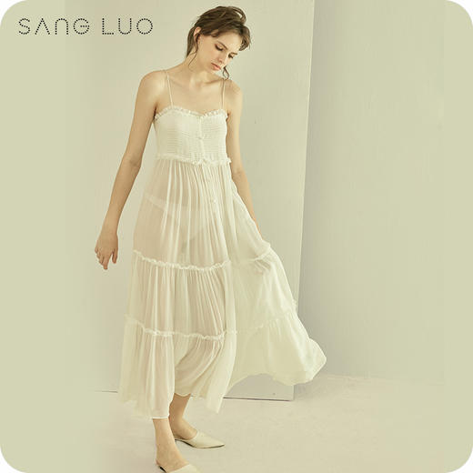 度假BI备白色吊带裙SANGLUO桑罗秋冬桑蚕丝浪漫吊带睡裙女 商品图0