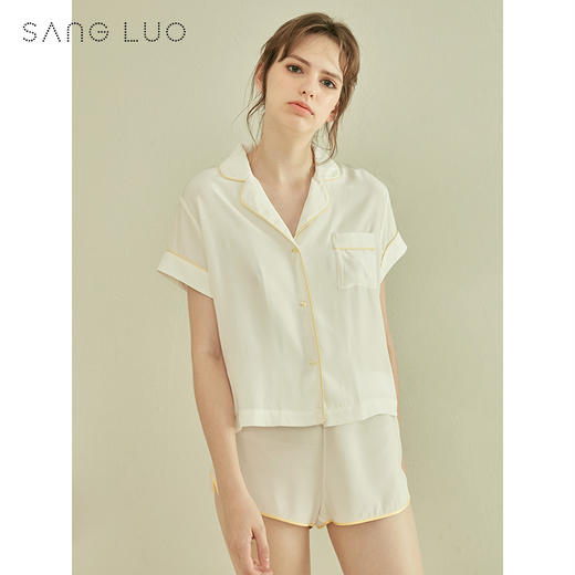 波点爱心睡衣套装SANGLUO桑罗桑蚕丝绸短袖衬衫式睡衣女 商品图0