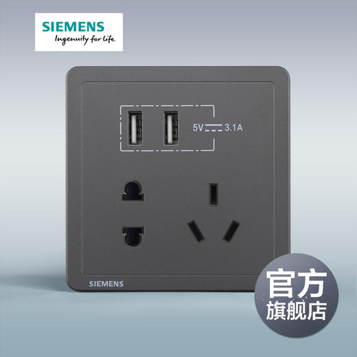 西门子开关插座面板致典深灰银10A五孔插座+双口3.1A USB 商品图0