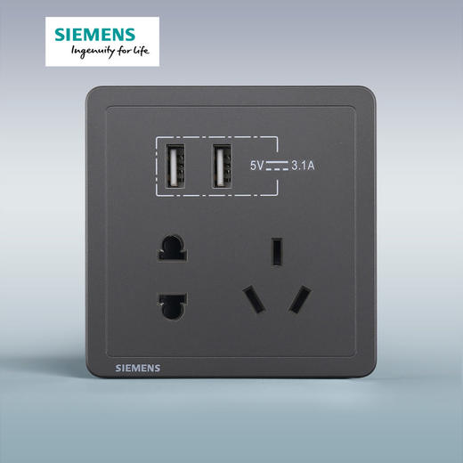 西门子开关插座面板致典深灰银10A五孔插座+双口3.1A USB 商品图1